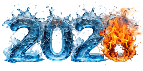 2022 Year Number Made of Ice Water Splashes and Fire Flames new year celebration cutout png AI isolated on a transparent background