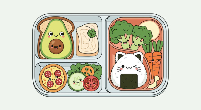 Cute cartoon food in lunch box.