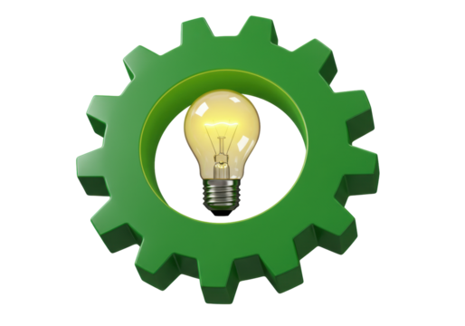 Isolated concept of green mechanical gear with a light bulb, symbolizes solution idea