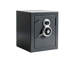 A steel safe, closed with a dial and handle on the front, angled against a black background