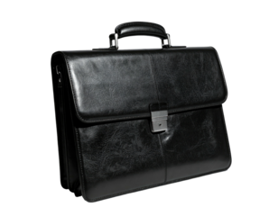 A sleek, black leather briefcase with a silver clasp and handle, on a neutral background
