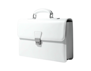 A pristine, bright white leather briefcase with a handle and metallic clasp