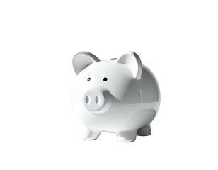 Isolated, glossy white piggy bank against a black background