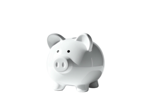 Isolated, glossy white piggy bank against a black background