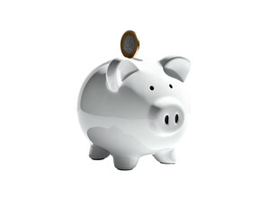 Glossy white ceramic piggy bank with a coin dropping in. Isolated on black
