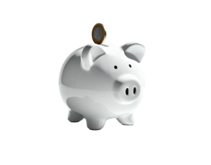 Glossy white ceramic piggy bank with a coin dropping in. Isolated on black