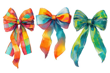 Three Watercolor Bows with Vivid Colors on Transparent Background Festive Celebration Decorative Element Scrapbooking Invitation Designs Textile Prints Graphic Arts and Crafts