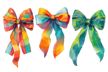 Three Watercolor Bows with Vivid Colors on Transparent Background Festive Celebration Decorative Element Scrapbooking Invitation Designs Textile Prints Graphic Arts and Crafts