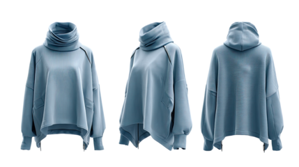 Light-blue oversized hoodie with a turtleneck, shown in three views