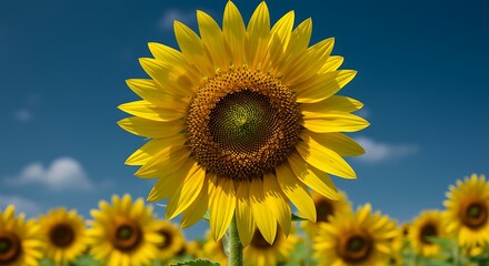 Vibrant sunflower against blue sky a field of yellow blossoms