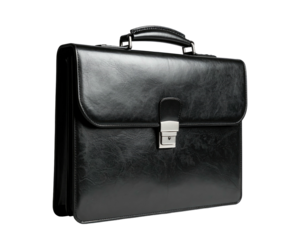 A black leather briefcase stands open, showing its silver clasp and handle