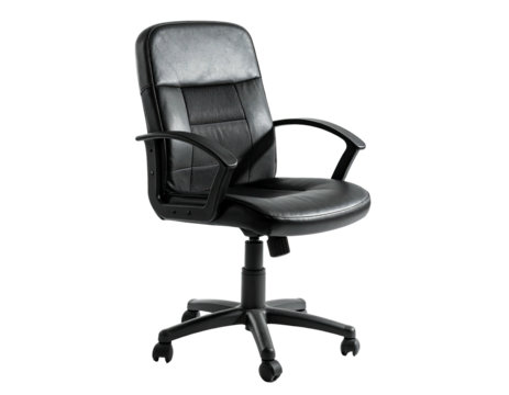 Black office chair with leather-like upholstery, armrests, and a five-star base