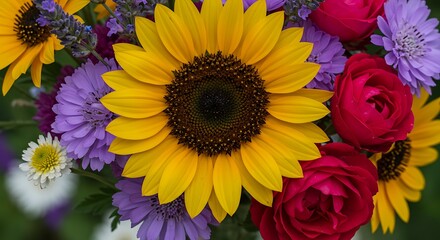 Obraz premium Vibrant sunflower and floral arrangement with colorful petals and details