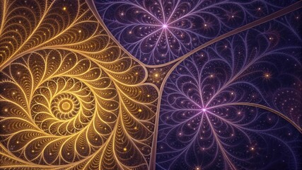 Abstract golden and purple fractal patterns with glowing stars