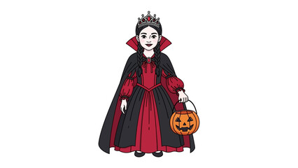 Halloween Vampire Girl's Portrait: A young girl embodies Halloween spirit with a classic vampire costume, holding a carved pumpkin lantern, ready for trick-or-treating. 