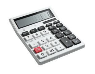 Angled view of a white calculator with black and red buttons, showing digits