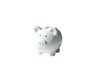Isolated, pristine white ceramic piggy bank, angled on a solid black background