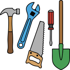 Vector Hand Tools Set – Hammer, Adjustable Wrench, Saw, Screwdriver, and Shovel Illustration Isolated