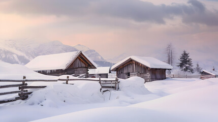 Snow covered wooden cabins in mountain landscape