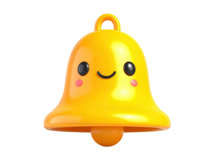 Smiling yellow cartoon bell with rosy cheeks, a black background