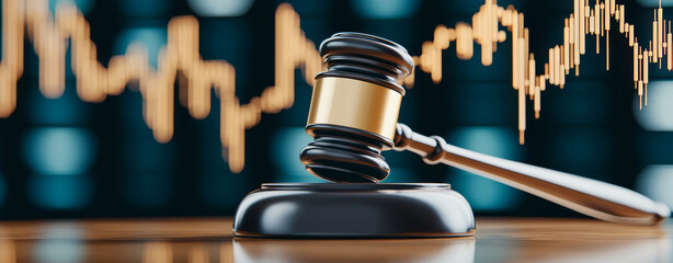 Symbol of justice and financial markets colliding, gavel on desk with blurred stock chart backdrop, representing legal and economic decisions