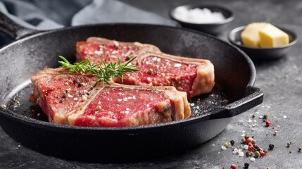 Two thick beef steaks are placed in a cast iron skillet sprinkled with salt and pepper. Fresh herbs are added for flavor. Butter and salt complement the preparation.