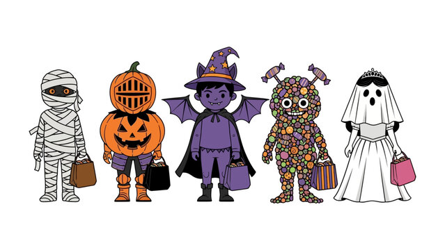 Enchanting Halloween Parade: A whimsical illustration showcases five creatively costumed figures ready for trick-or-treating, capturing the magic of Halloween night.