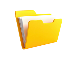 A 3D-rendered, yellow file folder holds several sheets of white paper