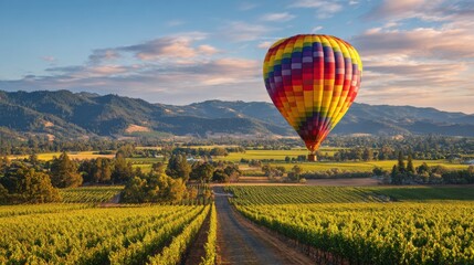 A vibrant hot air balloon rises gently above lush green vineyards as the sun sets casting a warm glow across the valley and mountains in the background creating a stunning landscape.