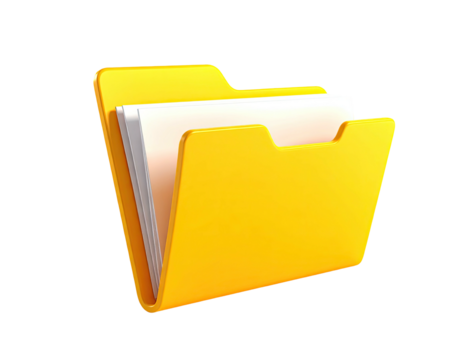 A 3D-rendered, yellow file folder holds several sheets of white paper