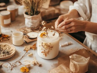 Creating a natural candle with dried flowers and herbs in a cozy studio setting