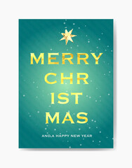 A green card with 'Merry Christmas' in bold golden letters and 'And a Happy New Year' below it, featuring sparkly shining star on top. Festive greeting card.