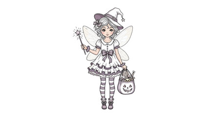 Enchanting Halloween Fairy with Magical Accessories: An elegant fairy dressed in a pristine white dress and whimsical witch hat, conjures a spell with her magical wand.