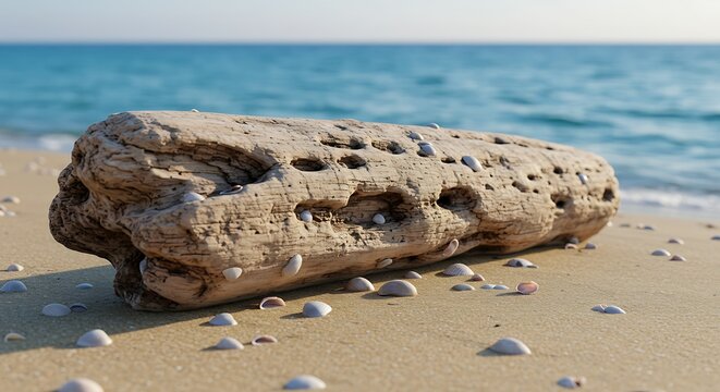 Weathered driftwood on sandy beach with seashells near ocean water
