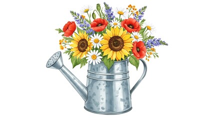 Watercolor bouquet in metal watering can against white background