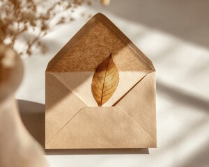 Elegant Brown Envelope With Pressed Leaf