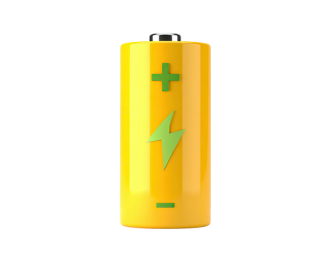 A bright yellow AA battery with green positive and negative symbols on a black background