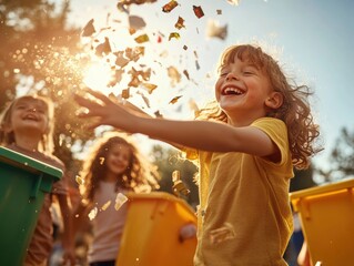 Children joyfully playing and throwing leaves in the park during a bright afternoon in autumn