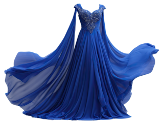 Royal blue flowing gown with cape-like sleeves