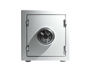 A metallic, square safe with a combination dial, set against a black background
