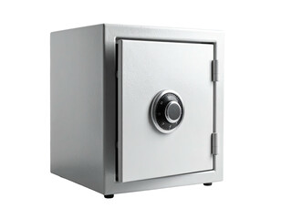 A silver, square safe with a combination dial and hinged door, isolated