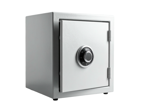 A silver, square safe with a combination dial and hinged door, isolated