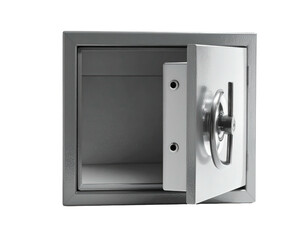 Square steel safe, door ajar, revealing an empty interior