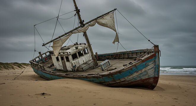 Weathered sailboat beached on sandy shore under overcast sky