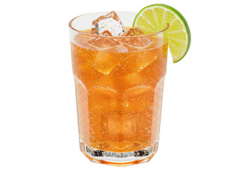 Isolated glass of iced tea with lime, refreshing summer drink, fruit cocktail, ice cubes