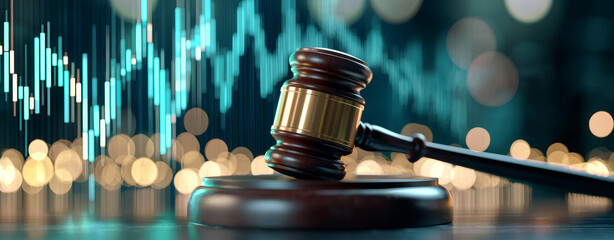 Judicial gavel symbolizes justice and legal decisions against a backdrop of fluctuating financial market data with bokeh lights