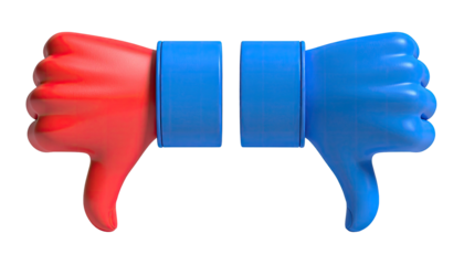 Two thumbs-down hands in red and blue, connected by a blue link, on black