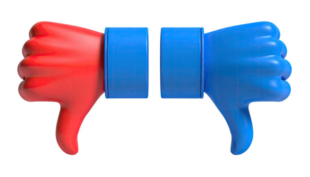Two thumbs-down hands in red and blue, connected by a blue link, on black