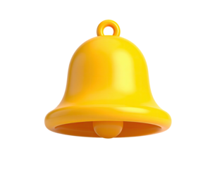 Shiny golden bell icon on black background, 3D rendered