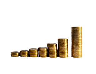 Stacks of gold coins arranged to resemble a growing bar graph on a black background
